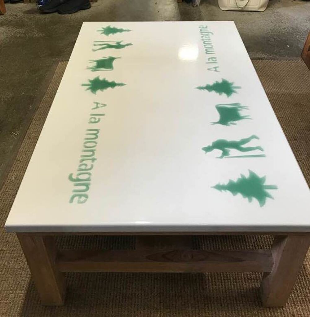 Table basse teck plan pierre de lave &eacute;maill&eacute;e Meubles