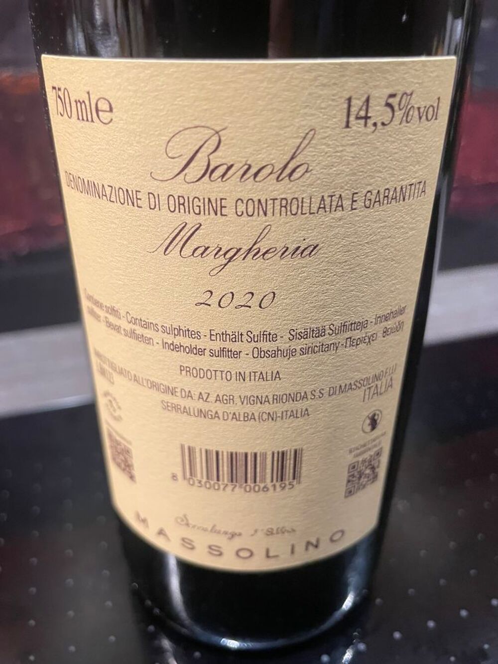 1 Bt BAROLO MARGHERIA 2020 - Massolino Piemont 95pk Cuisine