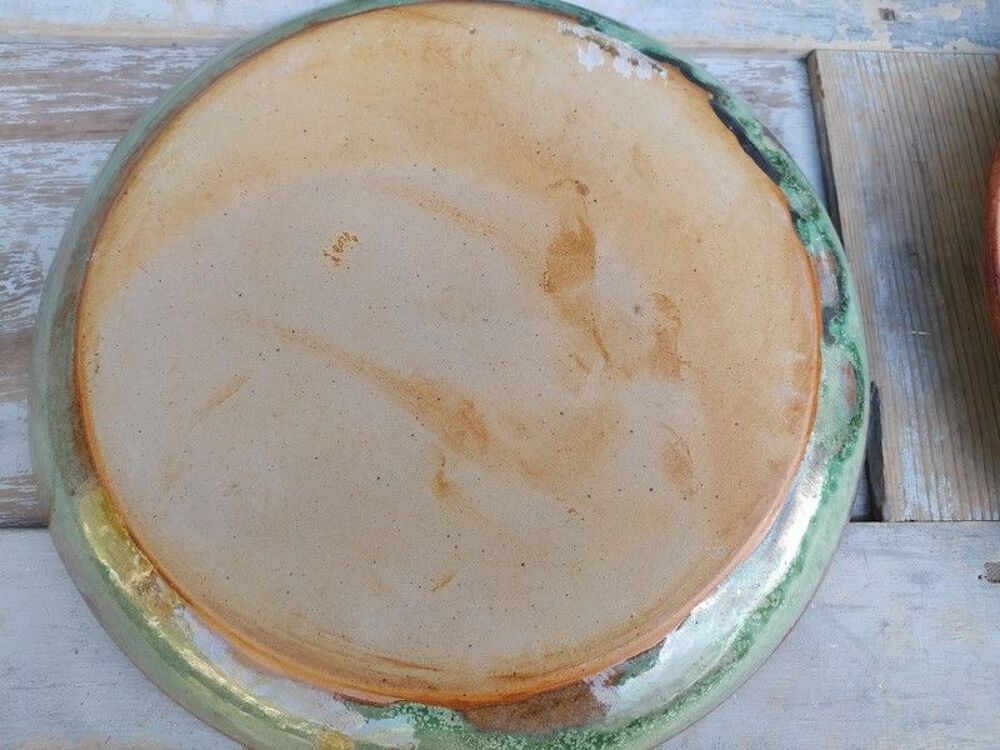 4 Assiettes Gr&egrave;s &Eacute;maill&eacute; Vert Porterie Artisanale Décoration