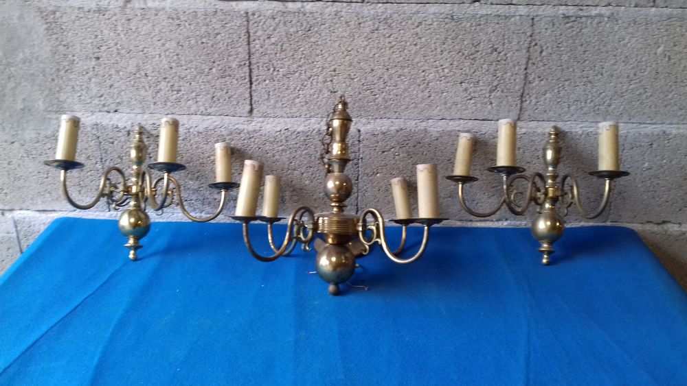 Lustre et deux appliques double en Bronze Bricolage