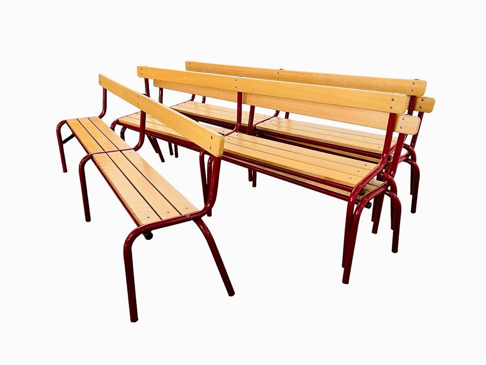  Bancs d'&eacute;cole bois clair et acier rouge ann&eacute;es 80 Meubles