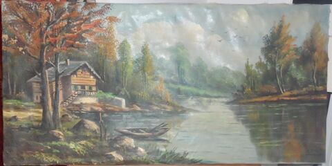 Peinture sur toile sans cadre chalet au bord d'un étang 40 Castries (34)
