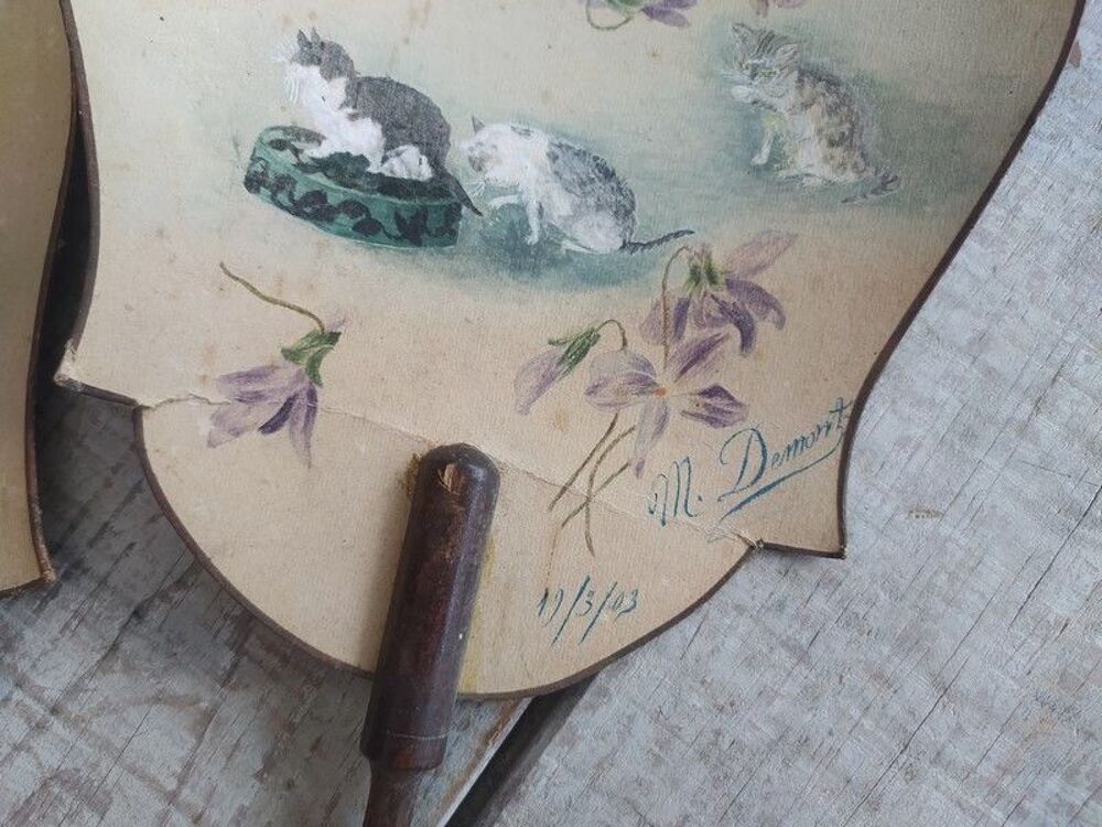 Paire d'&Eacute;crans &Eacute;ventail Peint D&eacute;cor Chats Chatons ca1900 