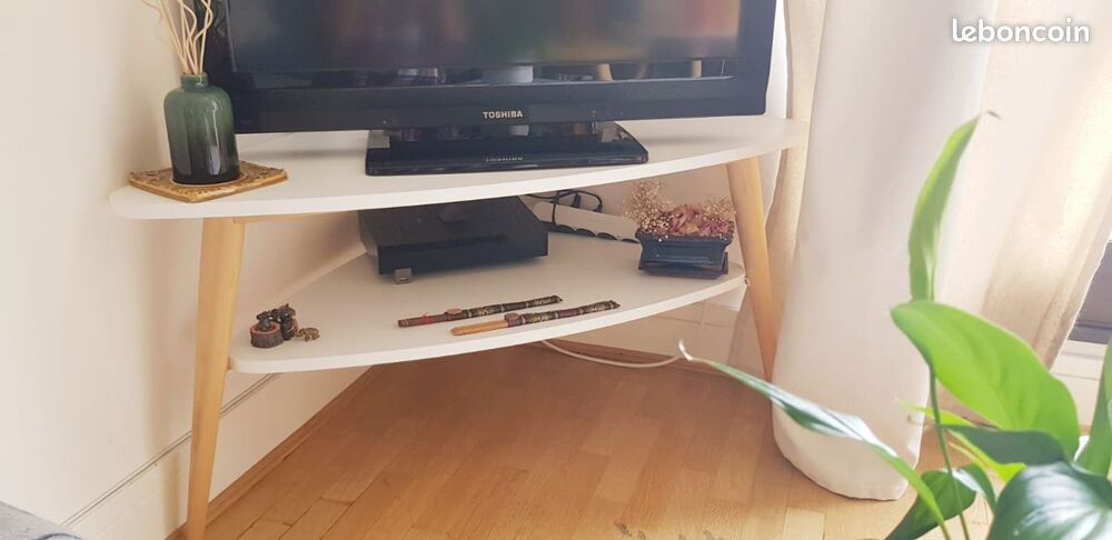 Meuble TV d'angle vintage double plateau blanc laqu&eacute; et bois Meubles