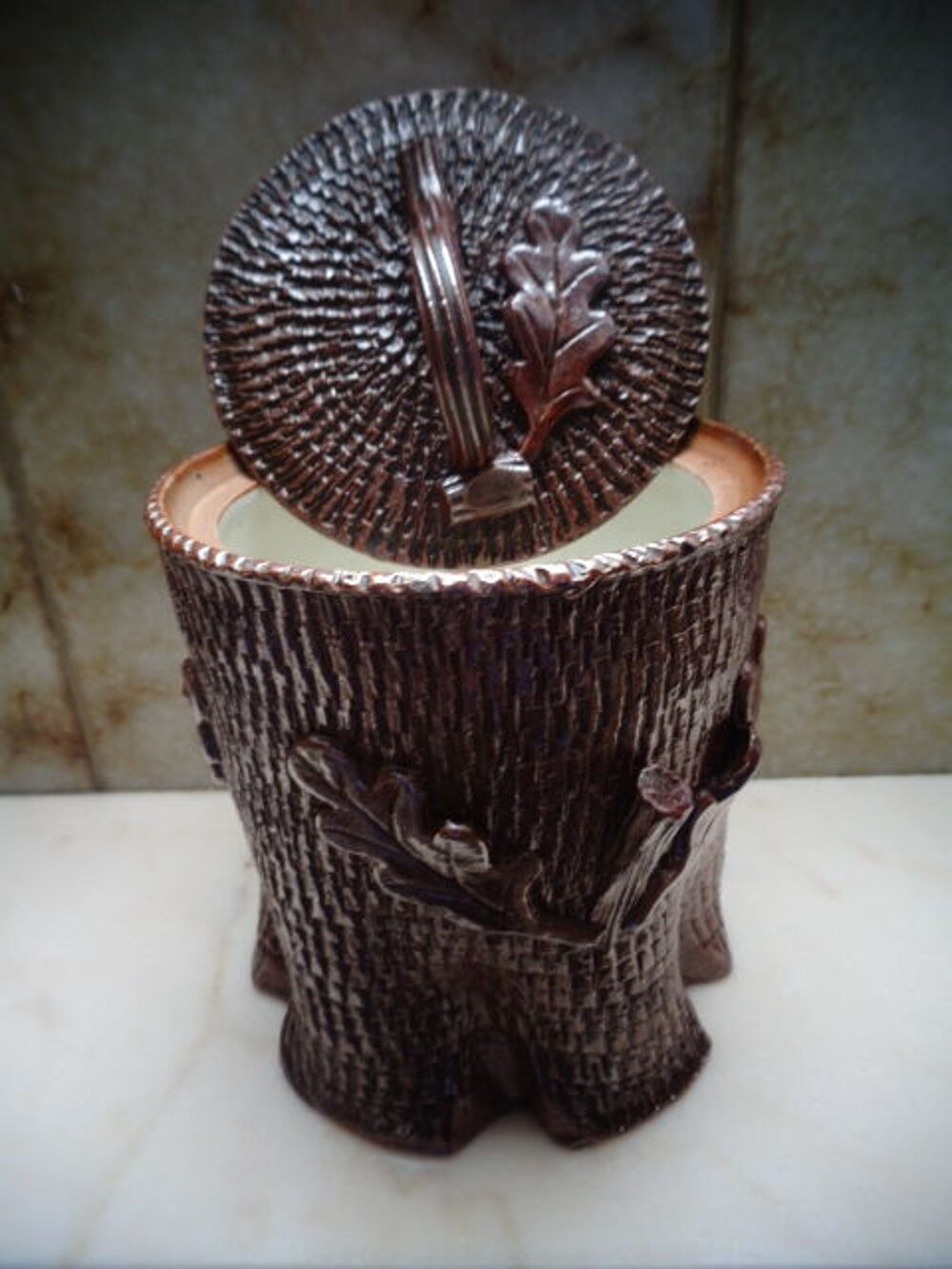 Vintage Pot &agrave; tabac en gr&egrave;s &agrave; d&eacute;cor de tronc d'arbre - ch&ecirc;ne Décoration