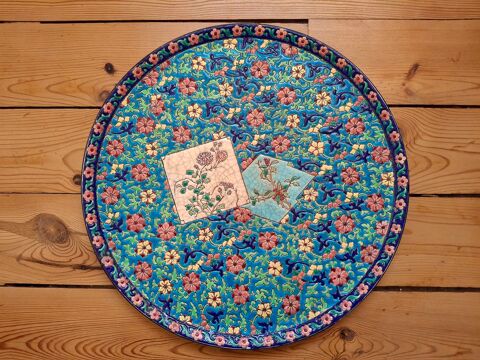 Grand plateau en �maux de Longwy 36 cm avec r�paration 69 Vichy (03)