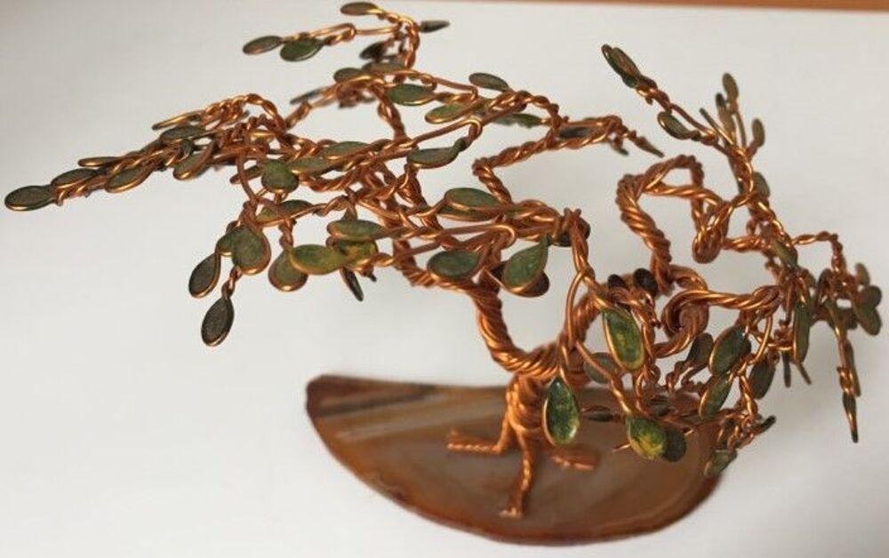 Mini sculpture, arbre, en fil de cuivre, artisanal, H-10cm Décoration