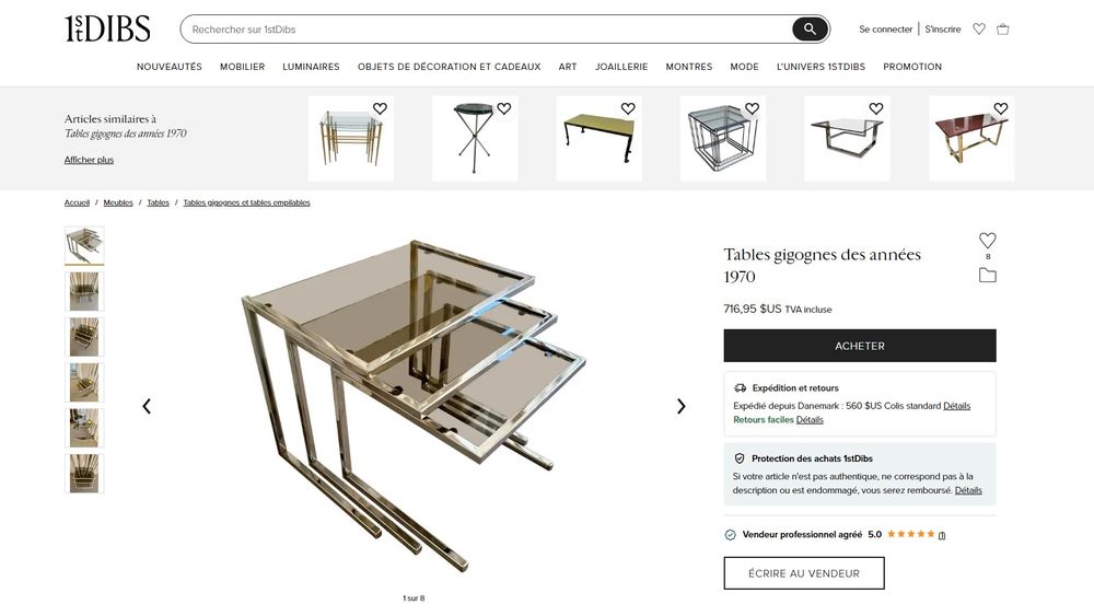 Suite de 3 tables gigognes vintage chrome et verre fum&eacute; Meubles