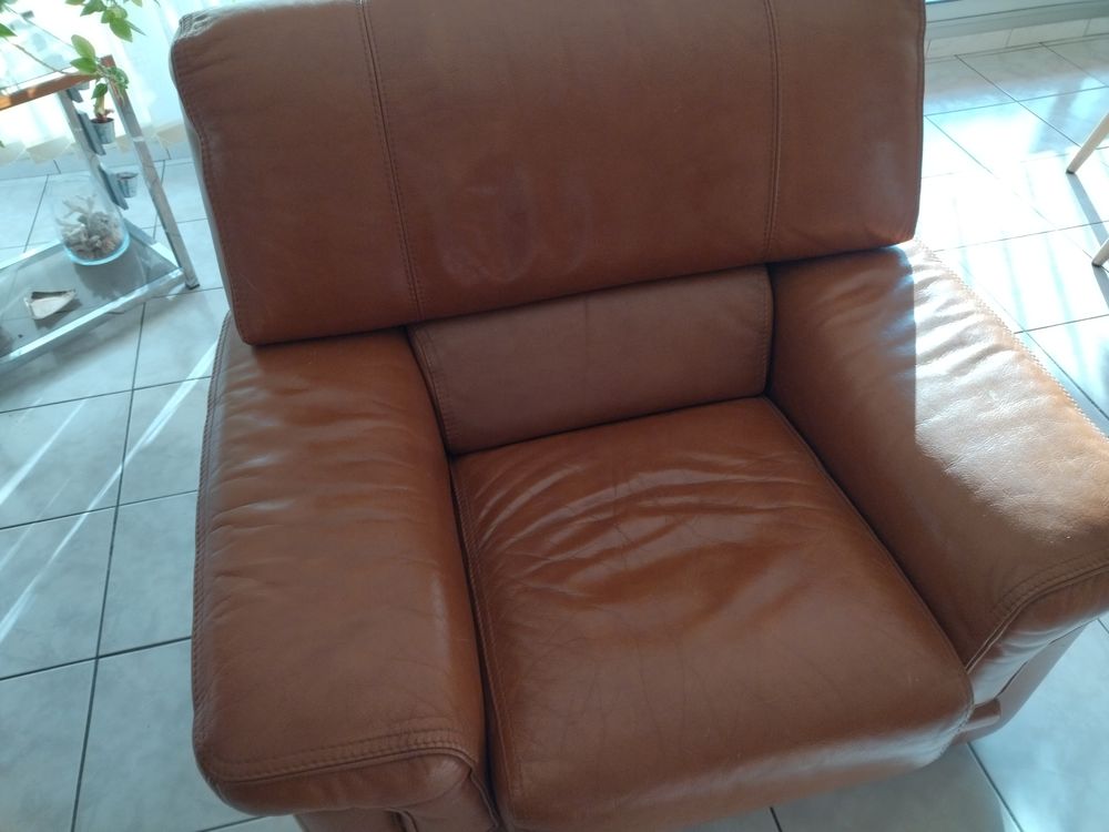Canap&eacute; et fauteuil en cuir fauve Meubles