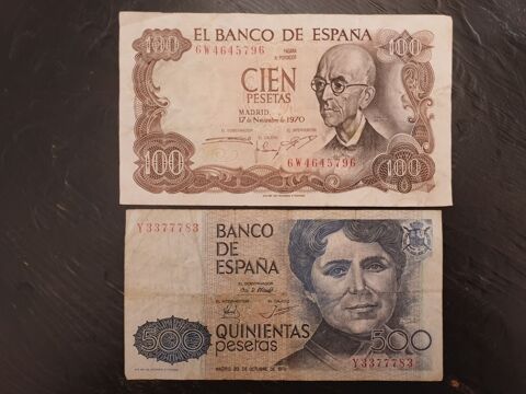 Lot de deux billets Pesetas 100 & 500 16 Bordeaux (33)