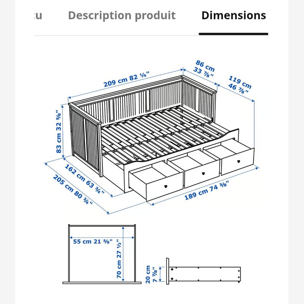 Lit banquette IKEA HEMNES 2 places, blanc ? 80x200 cm ? 170€ Meubles