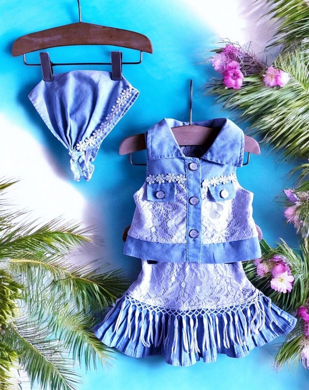 CHICAPRIE - NEW - ENSEMBLE 3P B&Eacute;B&Eacute; FILLE JEANS &amp; FRANGES 6M Vtements enfants