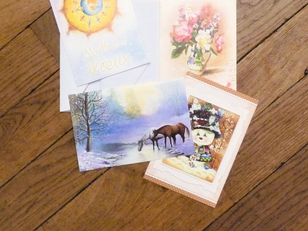 4 Cartes Postales Double- Artistes Peignant de la Bouche Décoration