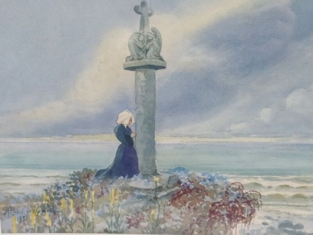 ANDR&Eacute; DES GACHONS Aquarelle Bretagne Religieuse au Calvaire 