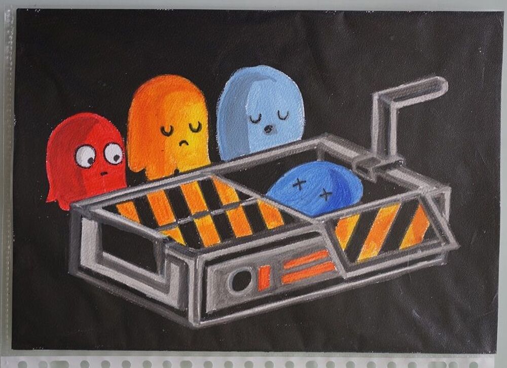 peinture - pac man - dead - sur papier aquarelle format A4 - Décoration