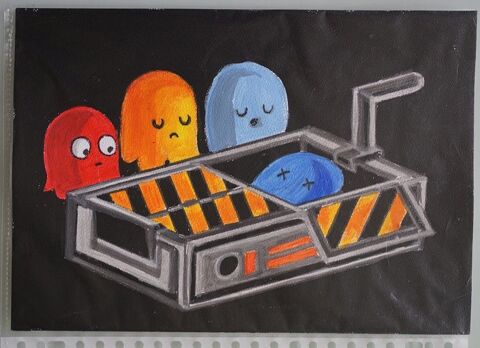 peinture - pac man - dead - sur papier aquarelle format A4 - 4 Fougères (35)