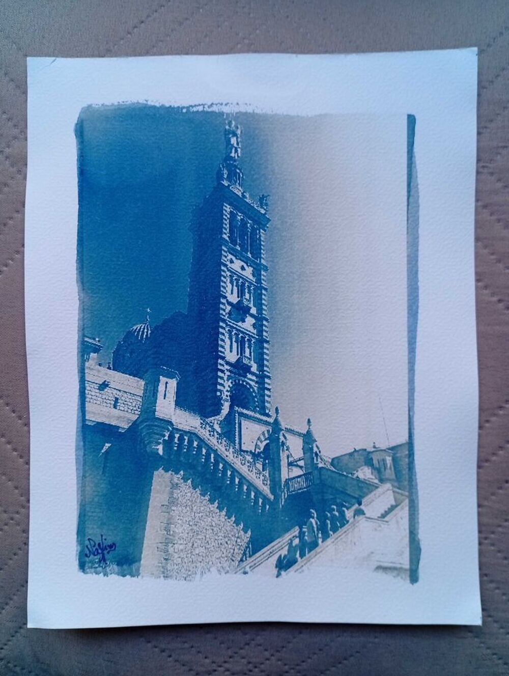 Photographie en Cyanotype, Proc&eacute;d&eacute; Photographique 1842, Bleu de Prusse, "Notre Dame de la Garde", 20,8cm/16,5cm , &eacute;tat neuf Décoration