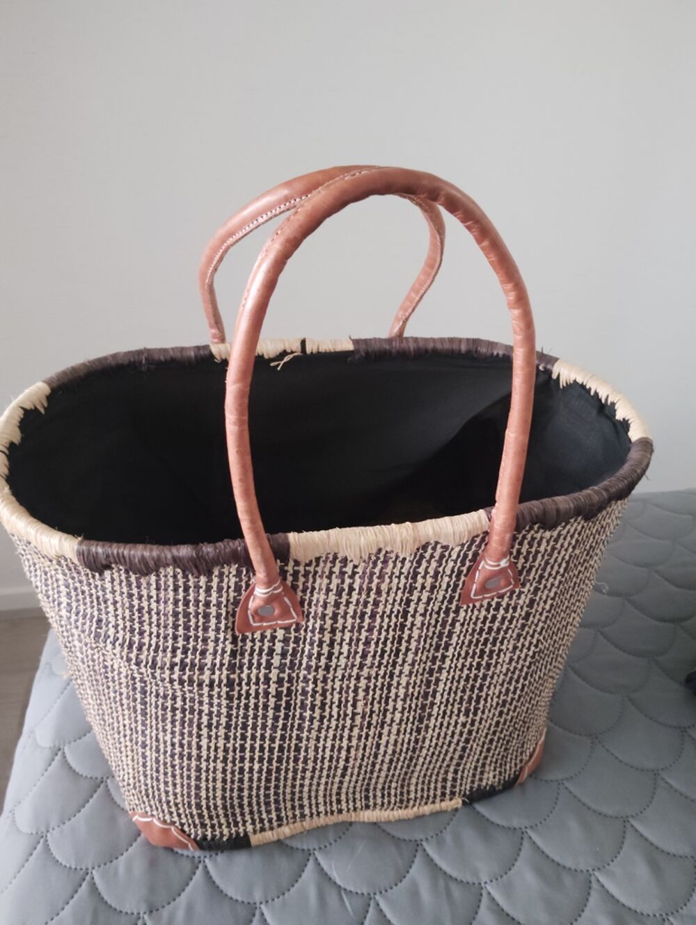 Panier en osier &agrave; anses cuir Maroquinerie