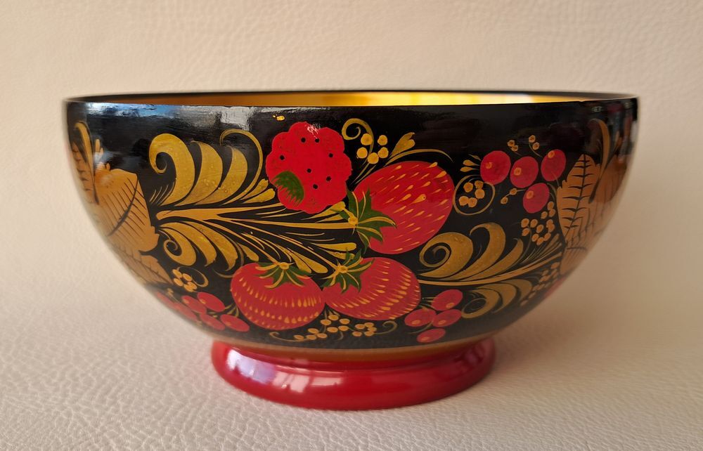 bol et cuill&egrave;re d&eacute;coratif en bois laqu&eacute; Khokhloma URSS Décoration