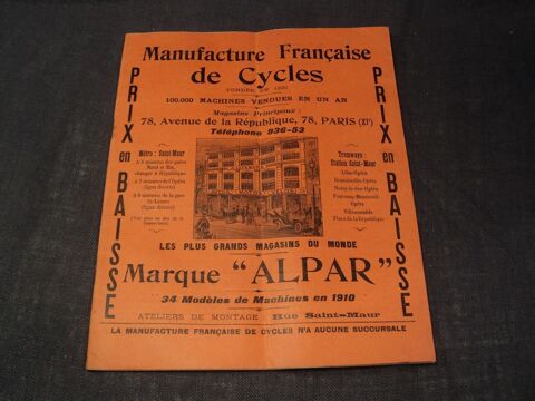 Catalogue Cycles marque ALPAR Paris 1910  40 Loches (37)