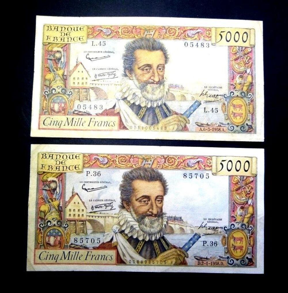  F 49 LOT DE 2 BILLETS 5000 F HENRI IV SPL 