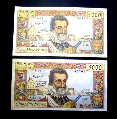     F 49    LOT   DE  2 BILLETS  5000   F   HENRI IV   SPL 1450 Raismes (59)