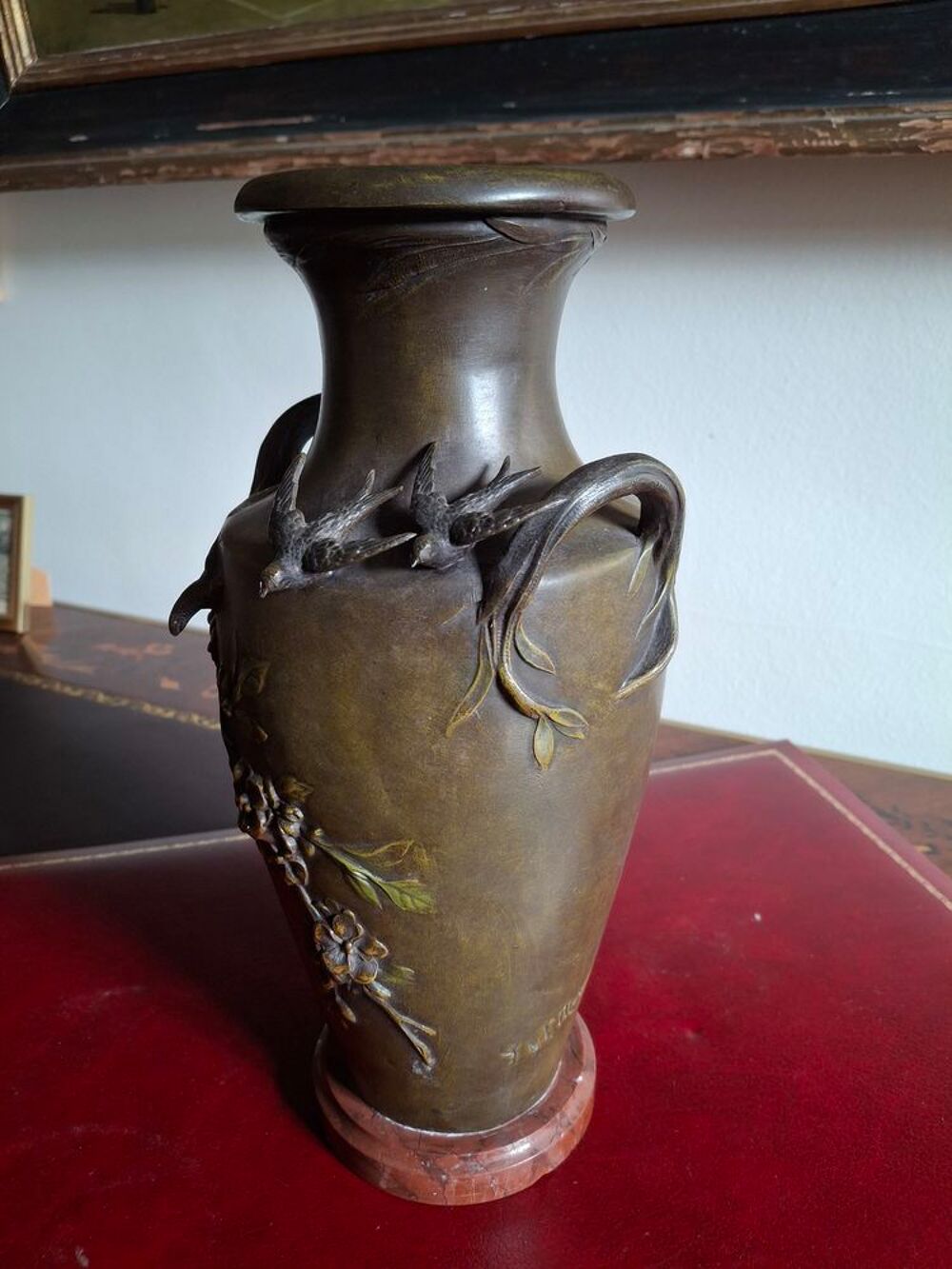 Paire vases art nouveau r&eacute;gule triple patine sign&eacute;s Moreau Décoration