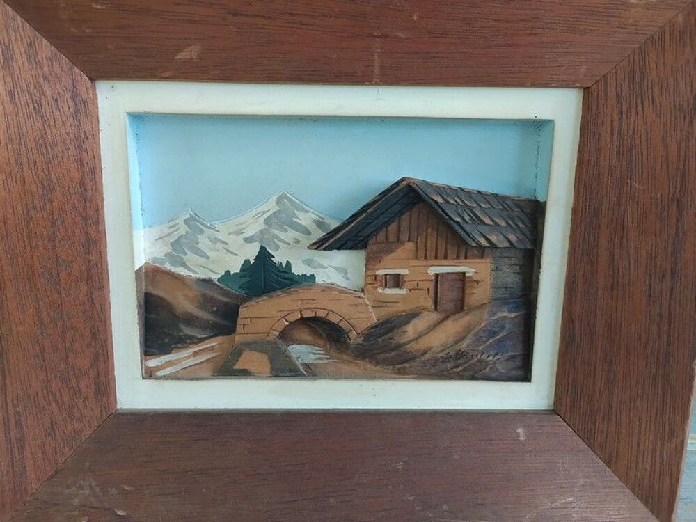 Tableau Chalet Bois Sculpt&eacute; Art Populaire Montagne 1950 Décoration
