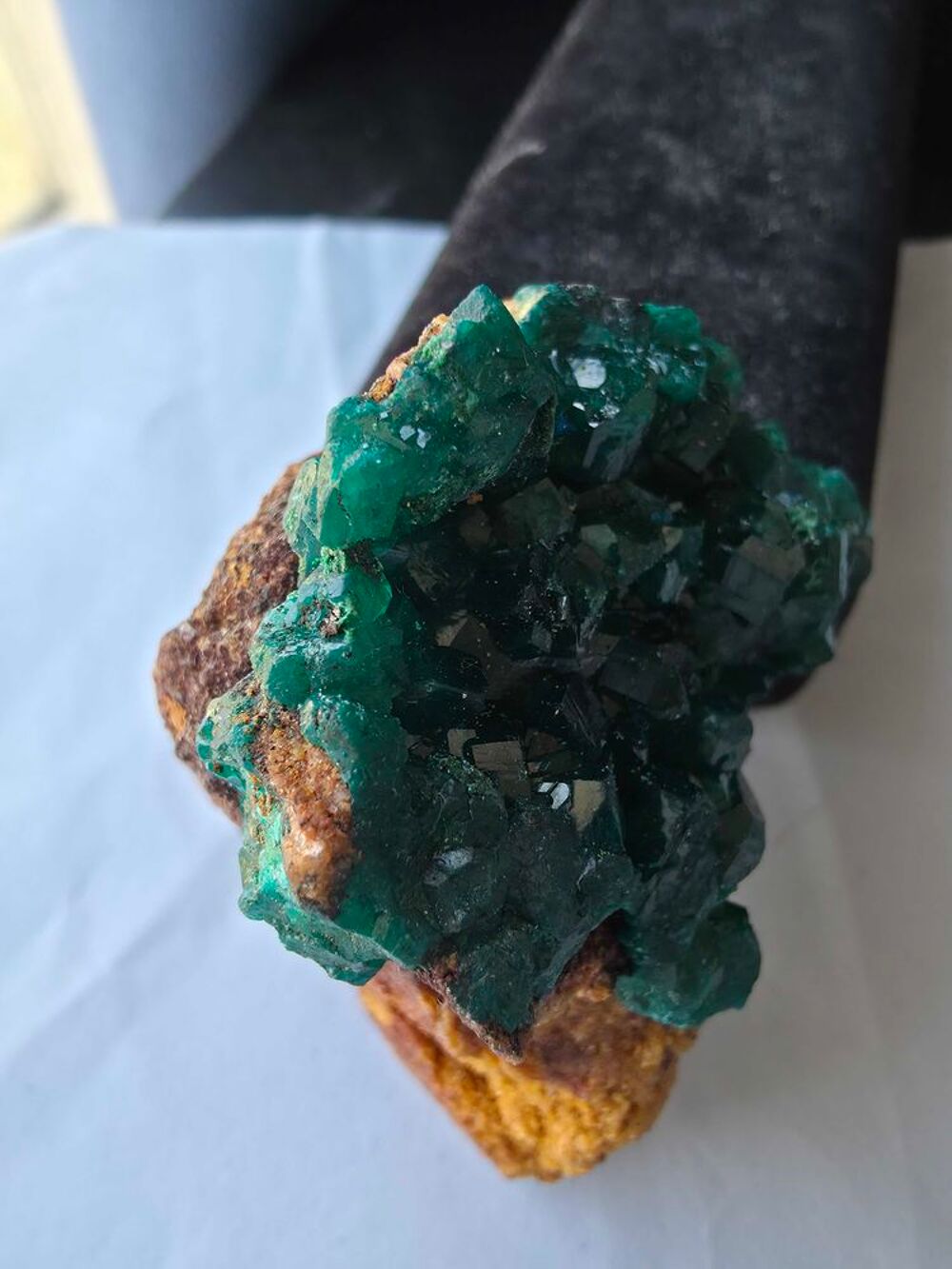 V&eacute;ritable Dioptase sur Gangue Ocre-Min&eacute;ral de Collection Katanga 92g 