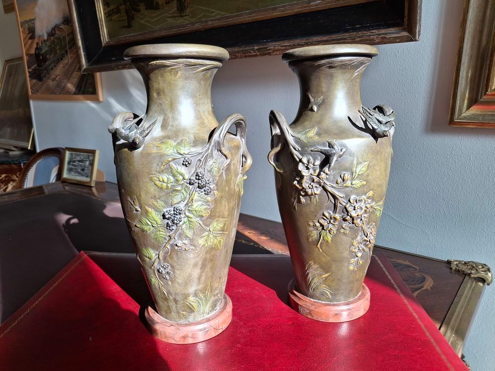Paire vases art nouveau r&eacute;gule triple patine sign&eacute;s Moreau Décoration