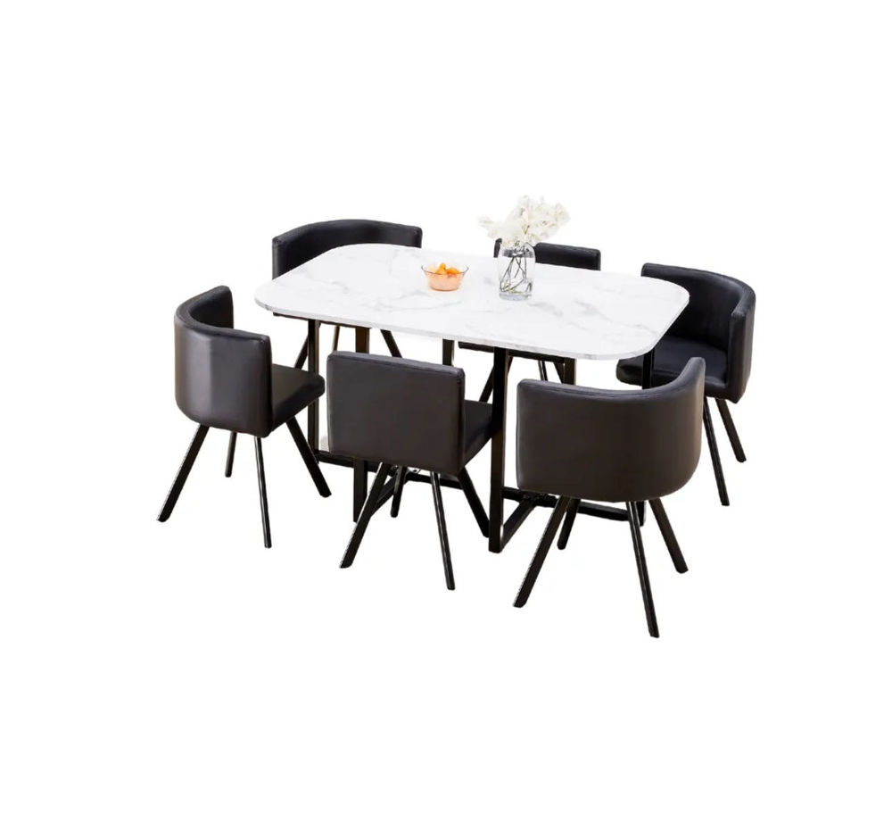 Table &agrave; manger effet marbre + 6 chaises noires €" design moderne Meubles