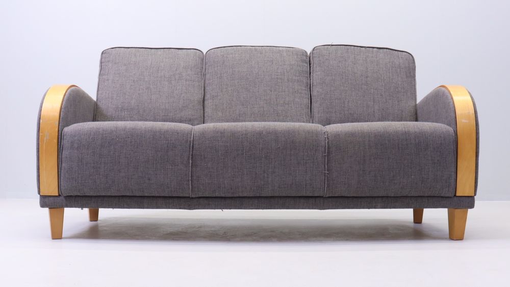 Canap&eacute; 3 places de style Art d&eacute;co tissu gris et bois cintr&eacute; Meubles
