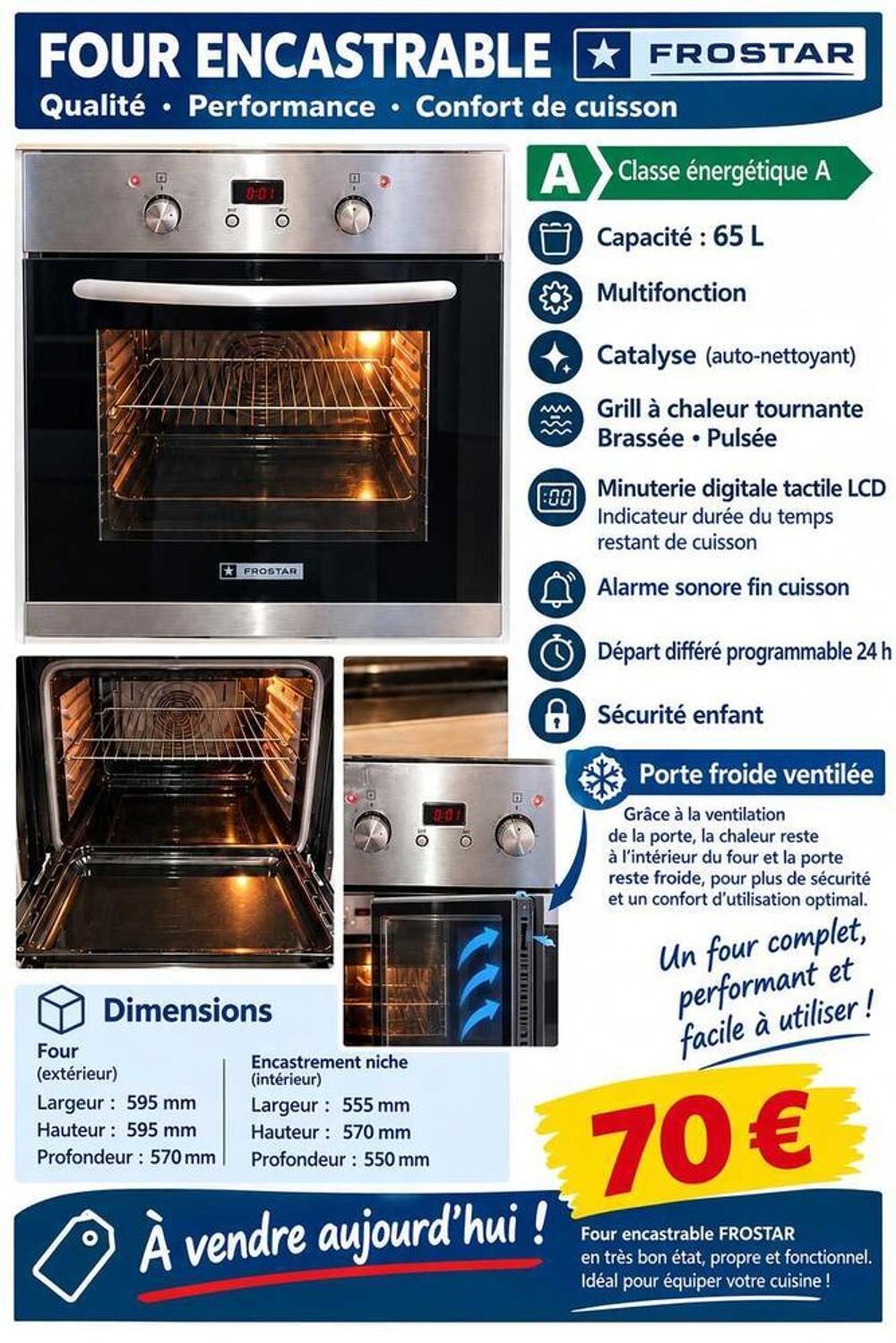 Four Encastrable Frostar Class A 65/Litres Multif Catalyse Grill Chaleur Tournante Porte Froide Diff&eacute;r&eacute; 24h Electroménager