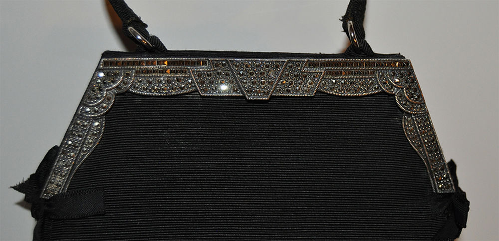 Sac de soir&eacute;e, aumoni&egrave;re bourse art d&eacute;co, fermoir marcassite Maroquinerie