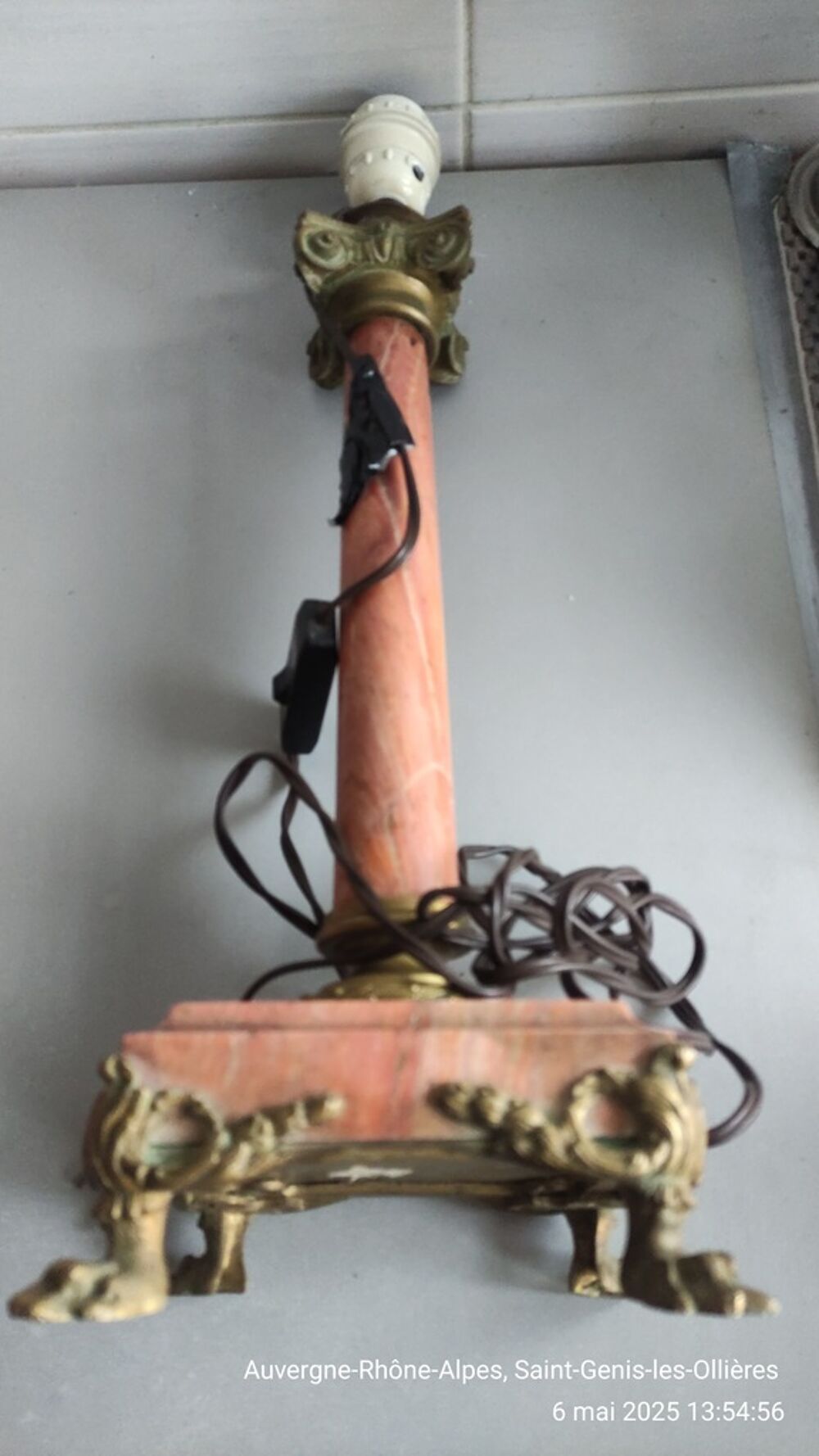 Lampe de Table Vintage en Marbre et M&eacute;tal Dor&eacute; 
