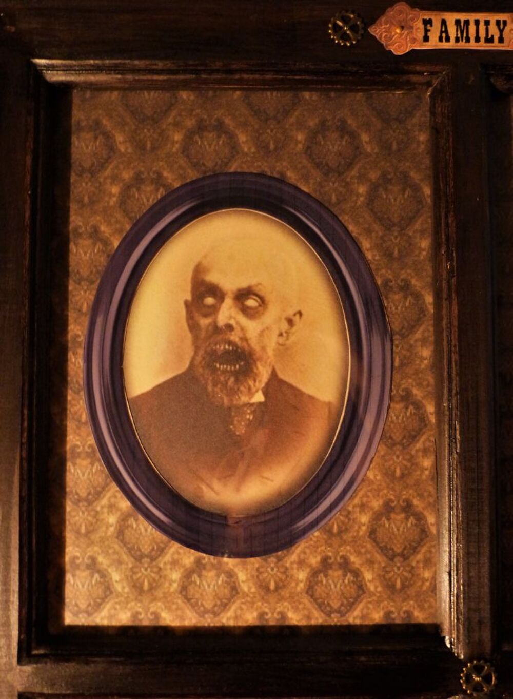 Tableau Fen&ecirc;tre Bois "OLD CREEPY FAMILY" Steampunk Décoration