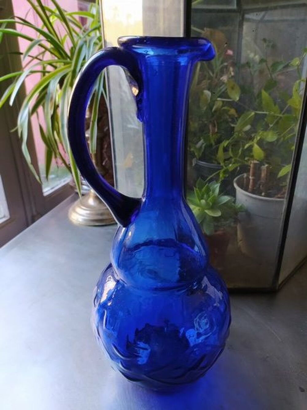 Aigui&egrave;re Carafe Verre Souffl&eacute; Bull&eacute; Bleu Cobalt Apothicaire Décoration