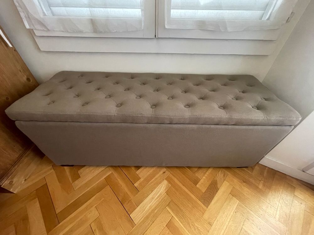 Banquette coffre capitonn&eacute;e, coloris taupe, 120x40x45 Meubles