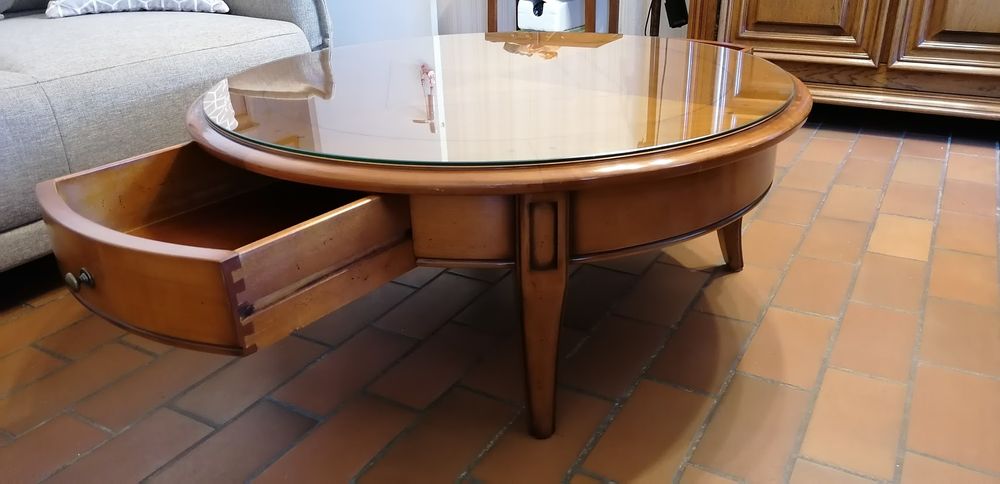 Table basse ronde en merisier massif 2 tiroirs Meubles