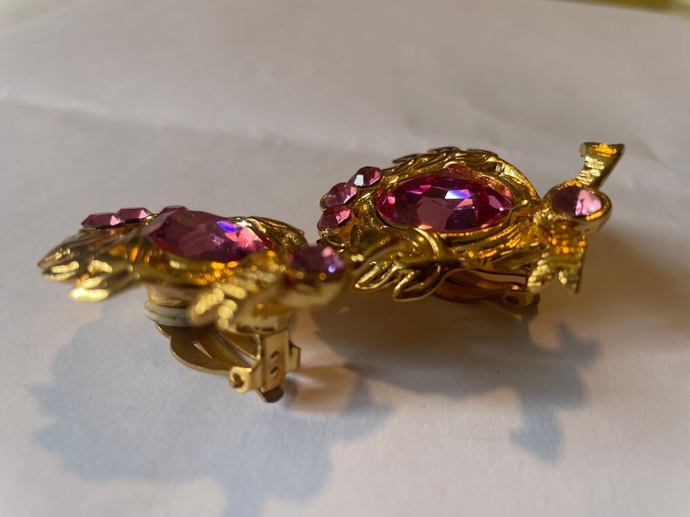 BO Boucles d'Oreilles laurier dor&eacute;e strass rose I.FRESSANGE Bijoux et montres
