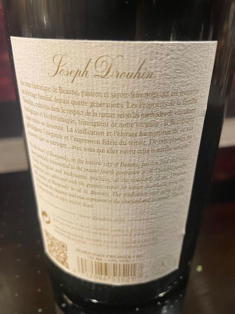 1 Bt MARANGES 1er Cru 2018 Joseph DROUHIN Cuisine