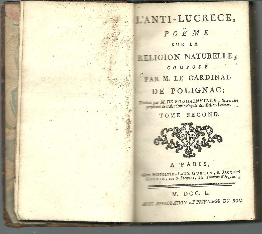 1750 Tome 2 L'anti LUCRECE par le Cardinal de POLIGNAC Livres et BD