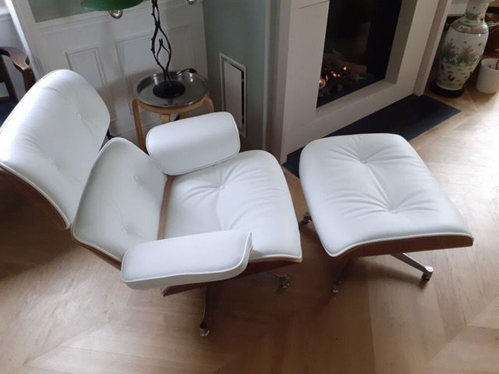 Fauteuil Relax Ottoman Cuir Blanc Noyer Eames Salon Meubles