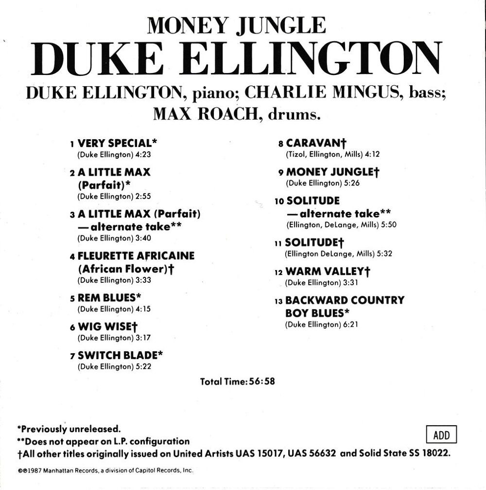 CD Duke Ellington, Charles Mingus, Max Roach - Money Jungle CD et vinyles