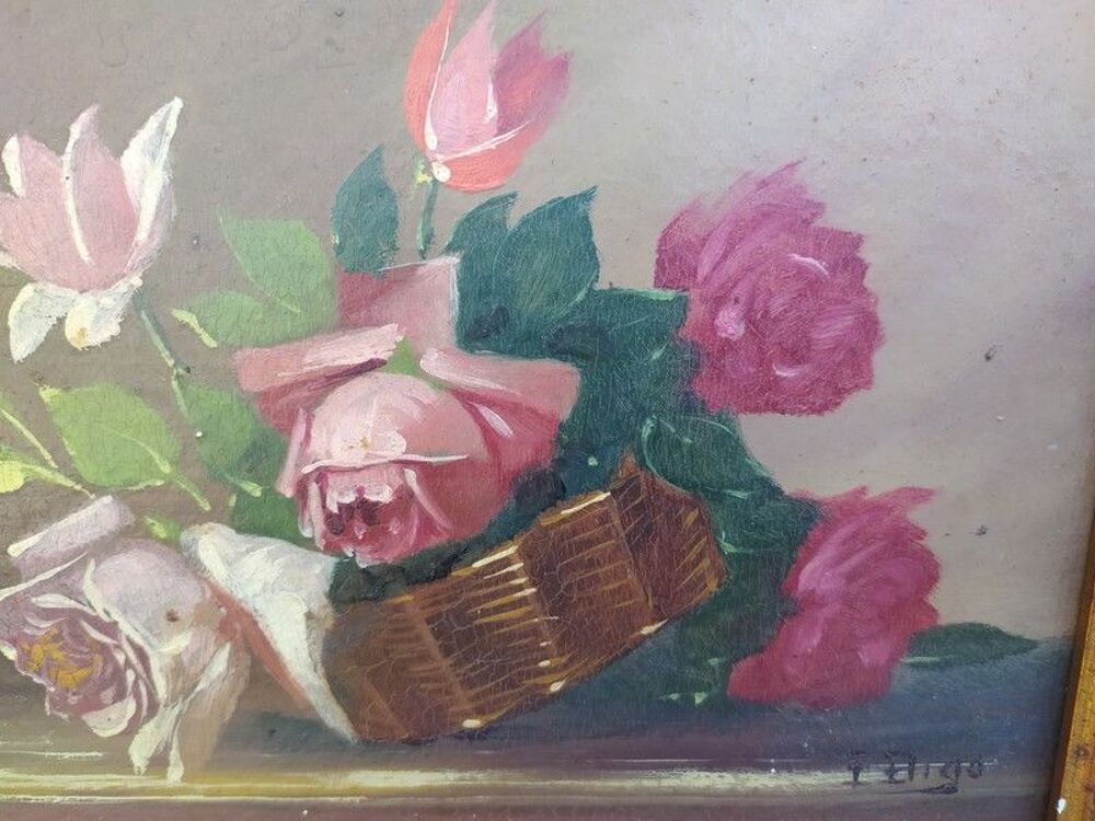 Tableau Paniers de Fleurs Roses Nature Morte Sign&eacute; Bigo
