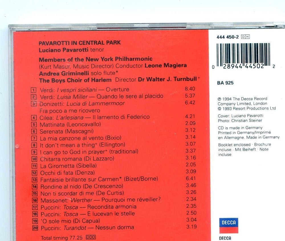 PAVAROTTI in Central Park, CD et vinyles