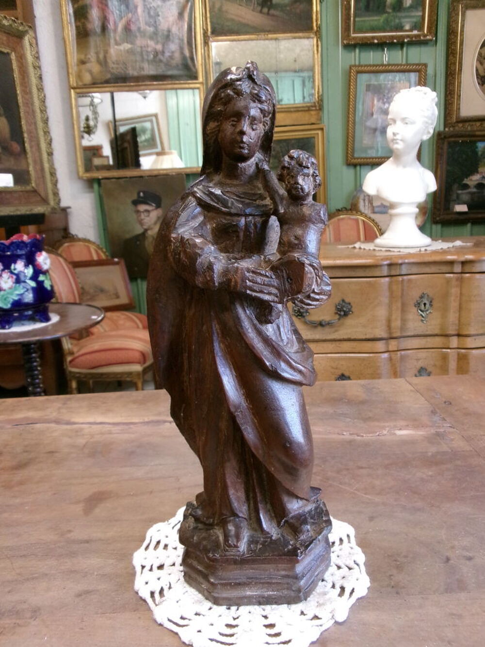Statue vierge Marie ancienne en bois Décoration