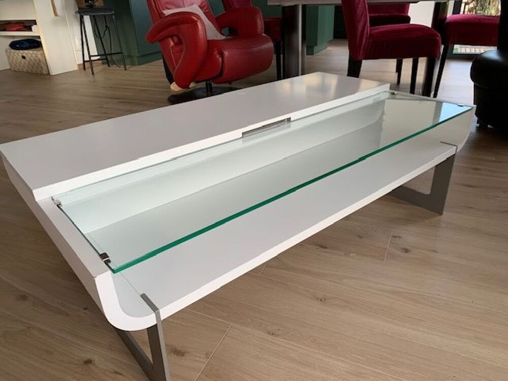 Table basse relevable blanche et verre Meubles
