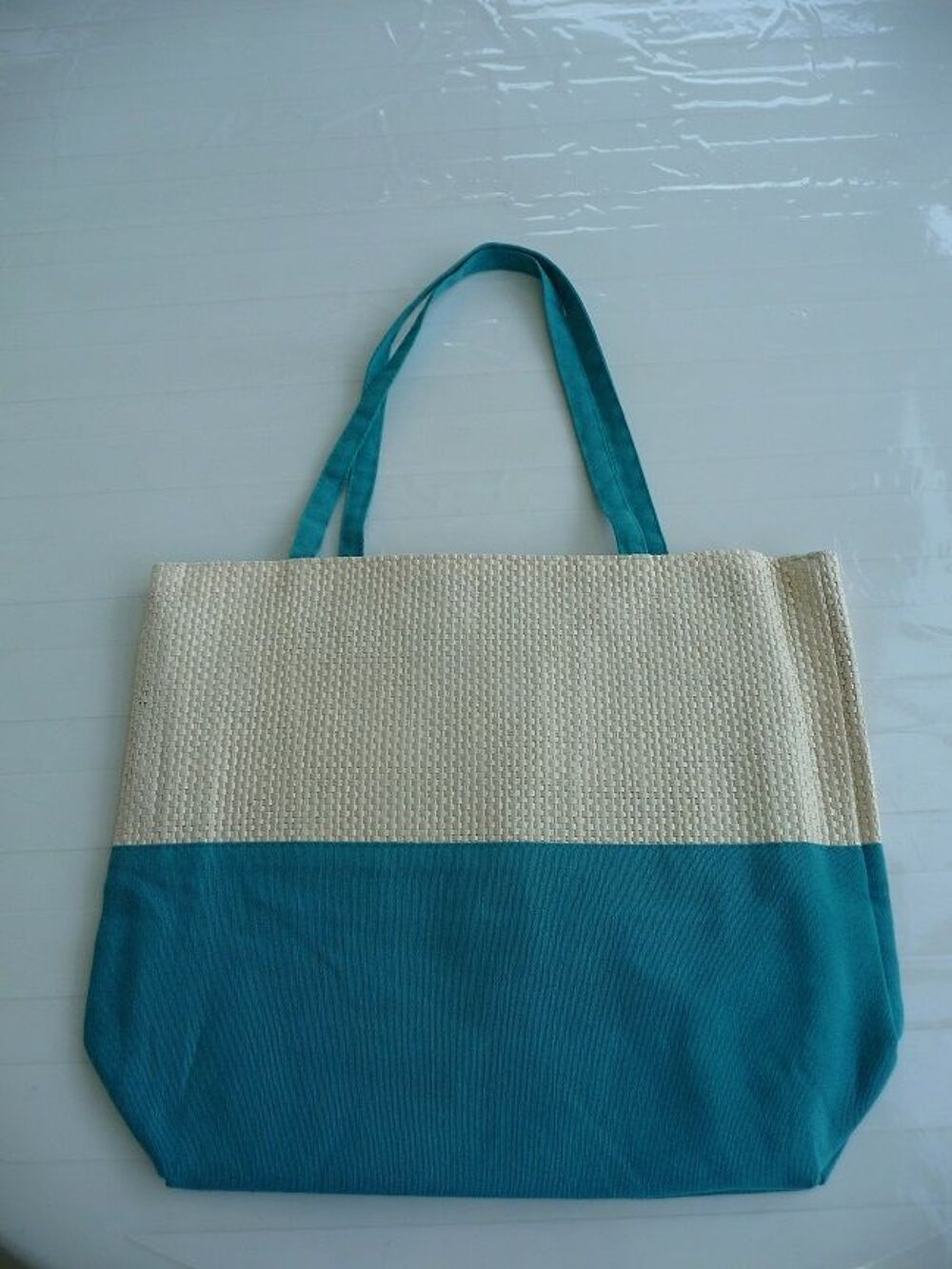 Sac tissu turquoise et paille tress&eacute;e - Neuf Maroquinerie