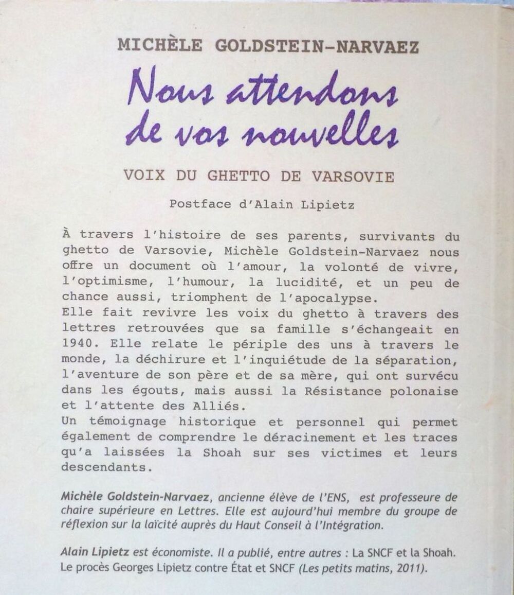 NOUS ATTENDONS DE VOS NOUVELLES Voix du Ghetto de Varsovie Livres et BD